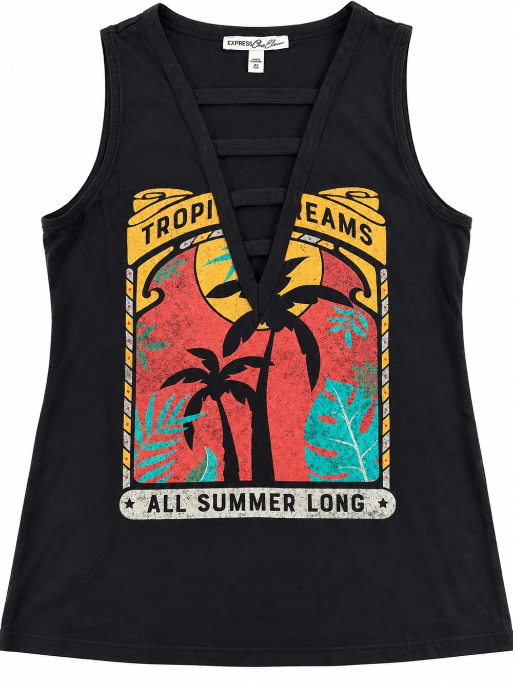 Express Black Tropical Graphic Tank Top XS